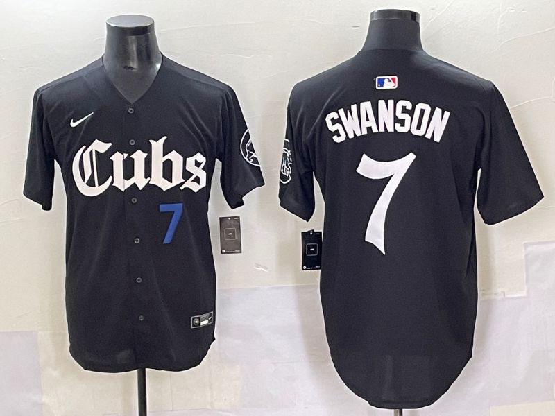 Men 2025 Chicago Cubs 7 Swanson Black Five generations Joint Name Nike MLB Jersey style 2
